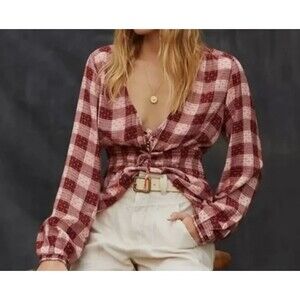 Anthropologie Pilcro Red Plaid Peasant Top Embroidered Smocked Deep V-Neck Small